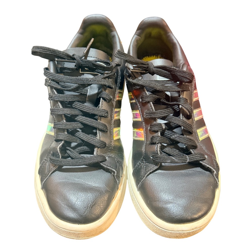 Adidas Grand Court Sneakers Womens 8 Black Leather Iridescent Holographic Y2K